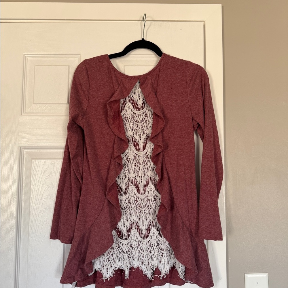 Bohemian Boho Lace Open Back Ruffle Mauve Pink Sweater Top Cotton Blend